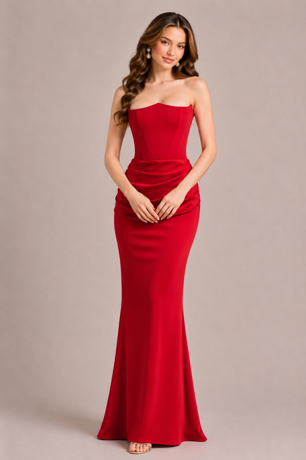 Women’s Strapless Satin Gown with Draped Skirt for Evening & Formal Wear