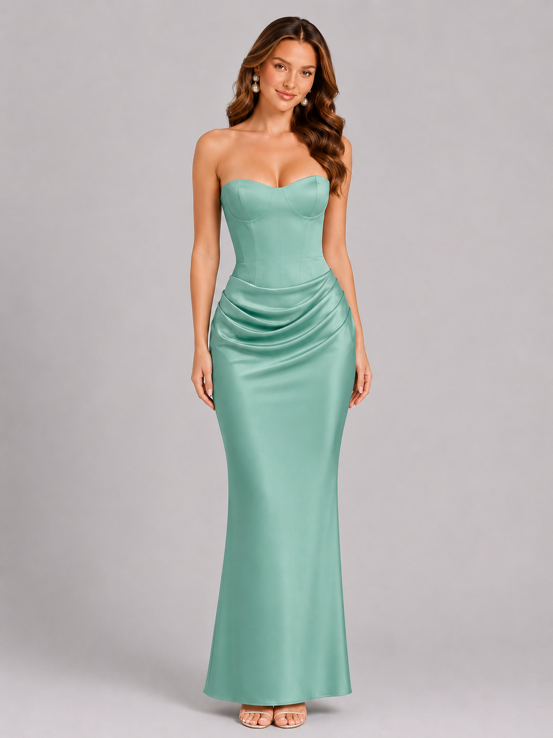 Women’s Strapless Satin Gown with Draped Skirt for Evening & Formal Wear