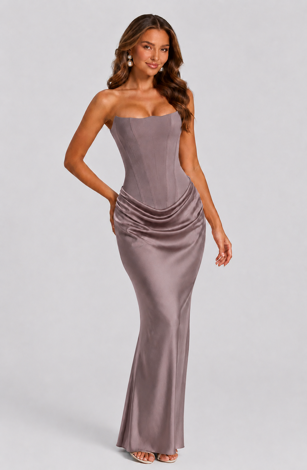 Women’s Strapless Satin Gown with Draped Waist - Elegant Sculpted Fit