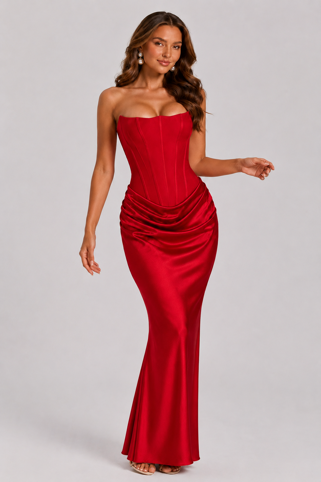Women’s Strapless Satin Gown with Draped Waist - Elegant Sculpted Fit