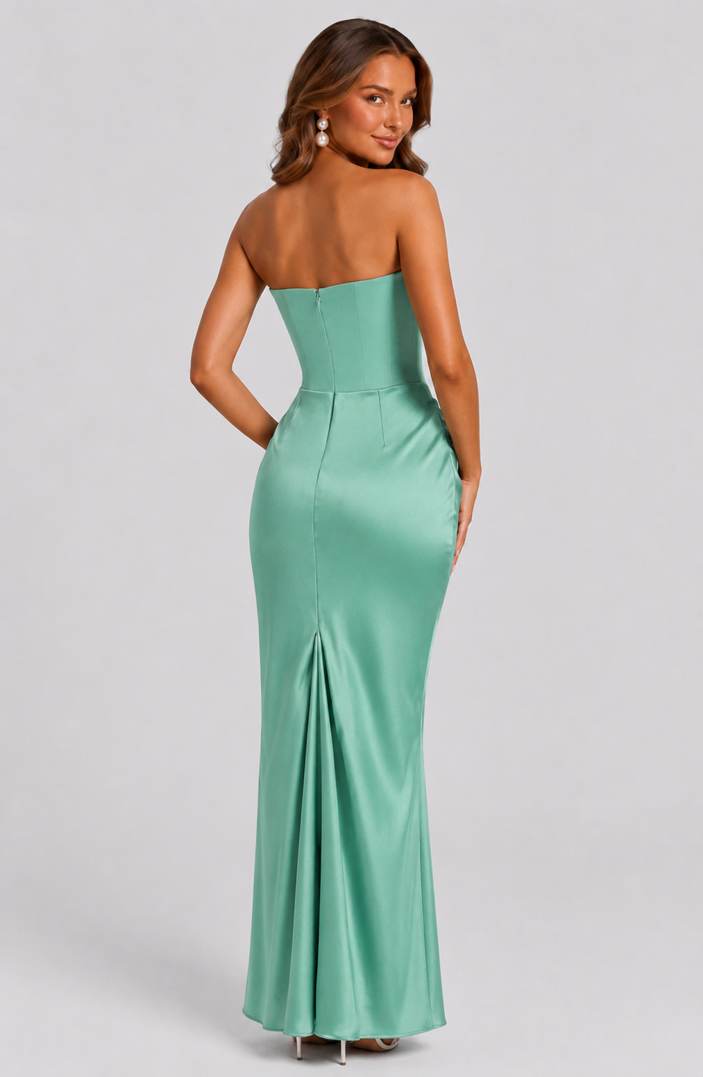 Women’s Strapless Satin Gown with Draped Waist - Elegant Sculpted Fit