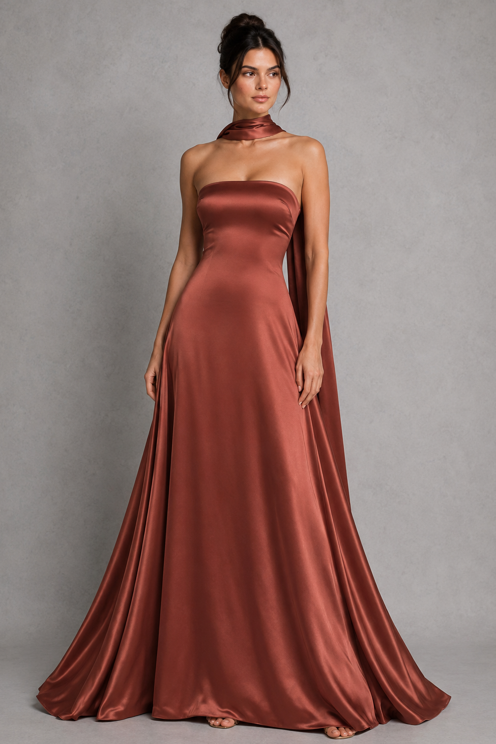 Women's strapless satin maxi dress with a straight neckline, fitted bodice, lace-up back, flowing A-line skirt, and matching satin scarf, ideal for evening events, weddings, and formal occasions.