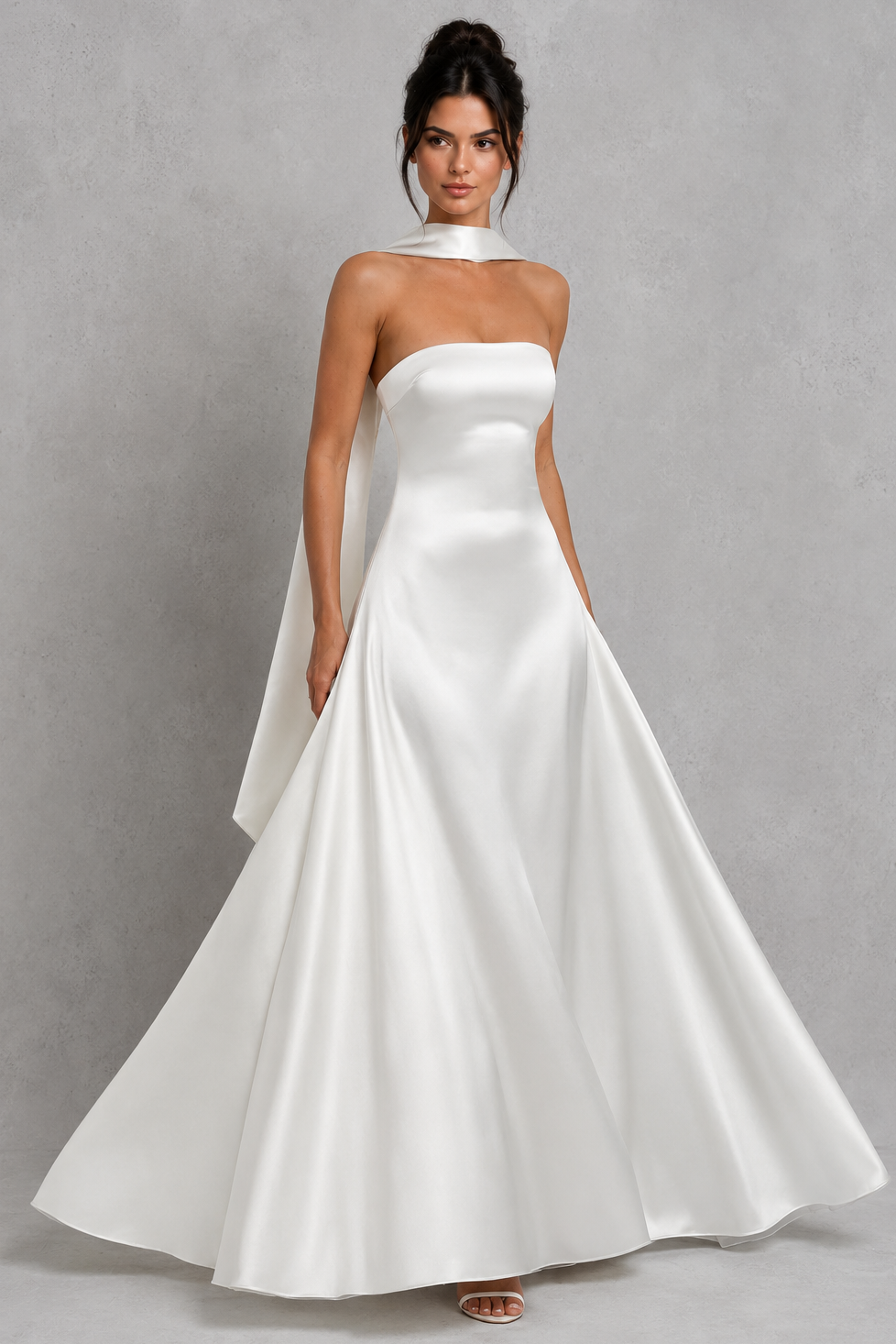 Women's strapless satin maxi dress with a straight neckline, fitted bodice, lace-up back, flowing A-line skirt, and matching satin scarf, ideal for evening events, weddings, and formal occasions.