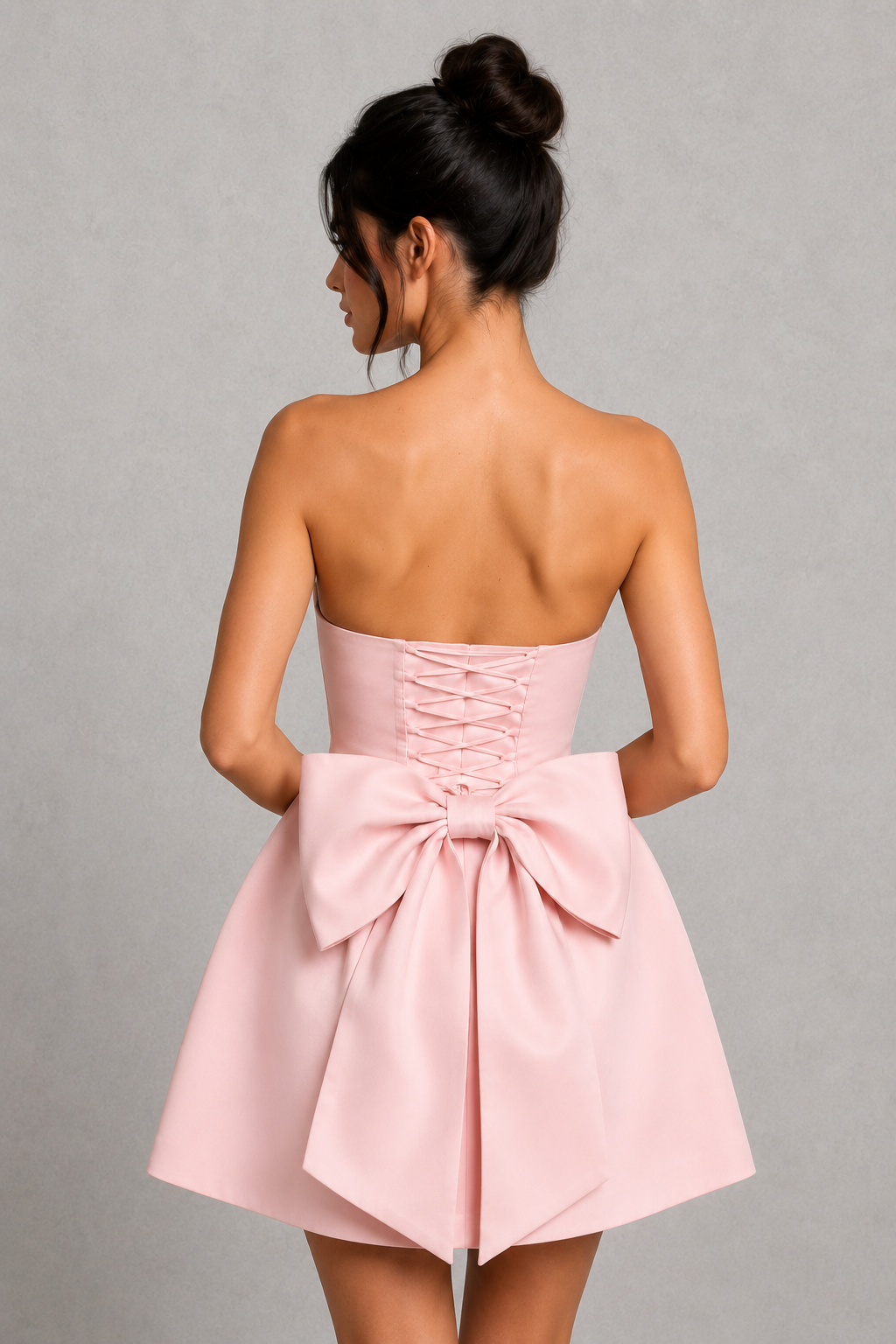 Women's strapless satin mini dress with a structured bodice, voluminous bubble skirt, lace-up back, and oversized detachable bow, designed for parties, weddings, and special occasions.