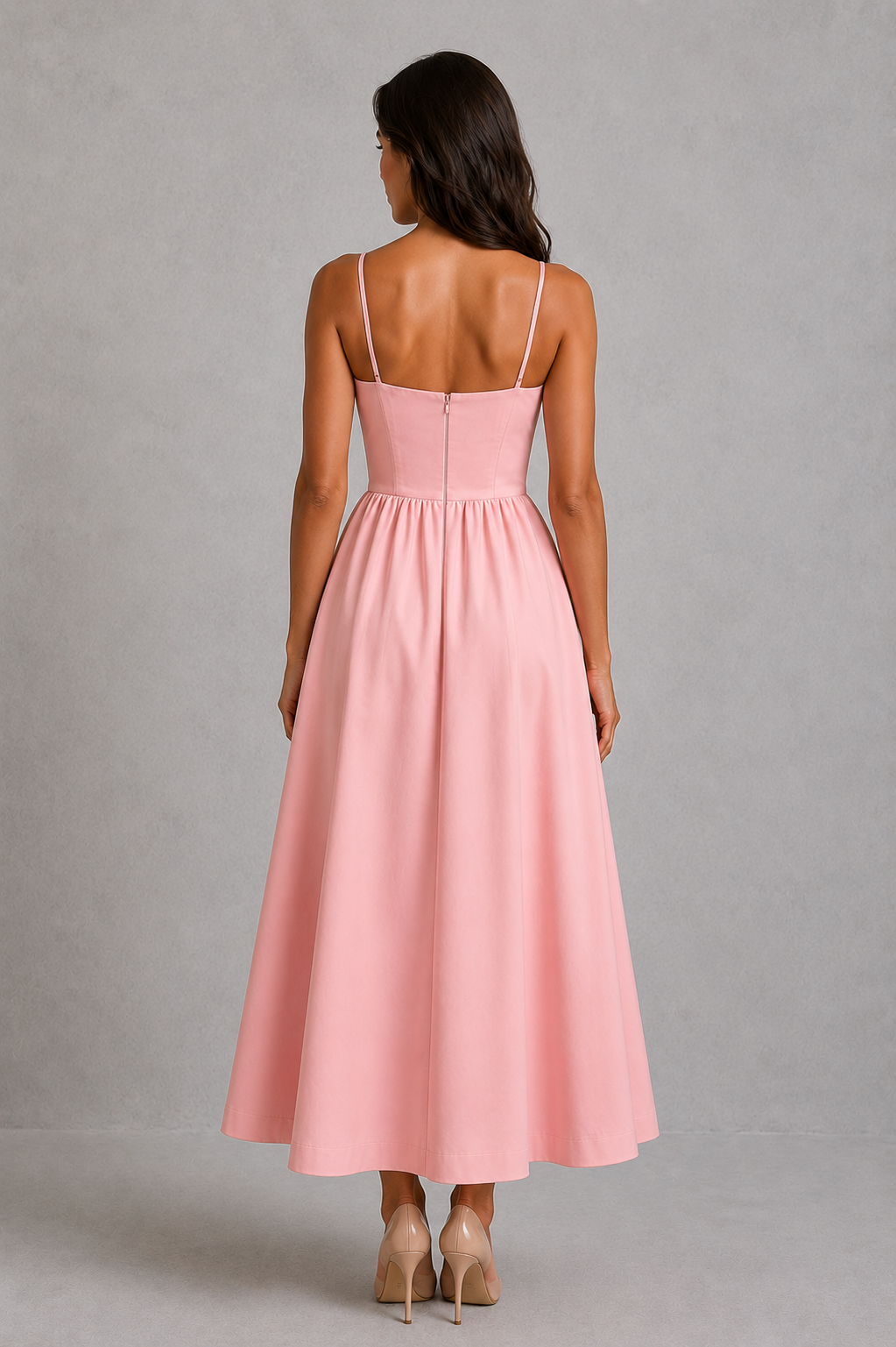 Women's strappy midi dress with scoop neckline, adjustable shoulder straps, and a fitted silhouette, ideal for evening events, date nights, occasion wear, and elegant everyday styling.