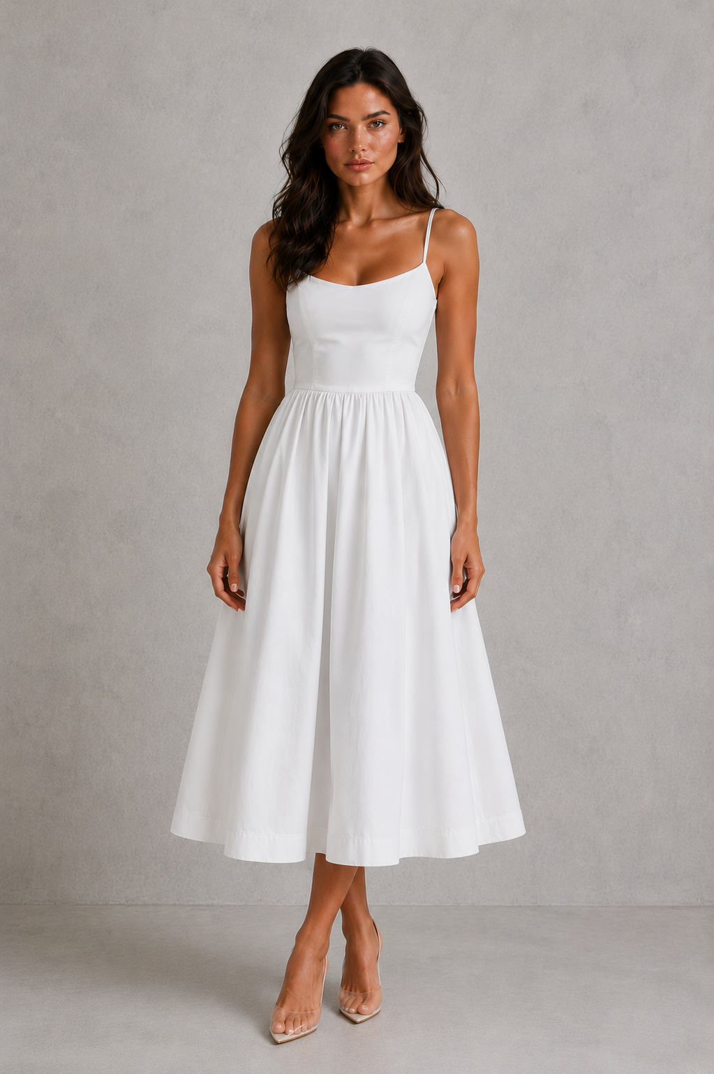 Women's strappy midi dress with scoop neckline, adjustable shoulder straps, and a fitted silhouette, ideal for evening events, date nights, occasion wear, and elegant everyday styling.