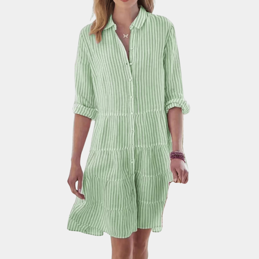 Women’s striped button-up tiered shirt dress
