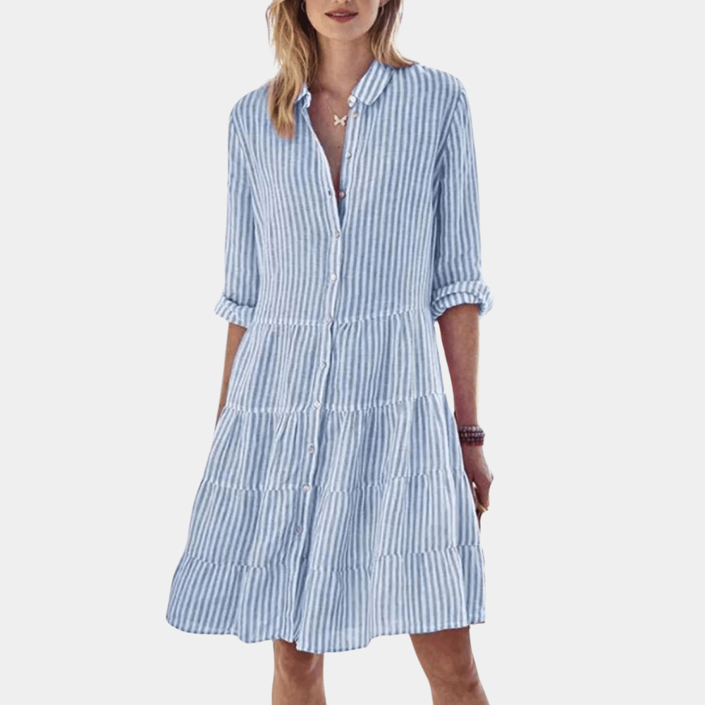 Women’s striped button-up tiered shirt dress