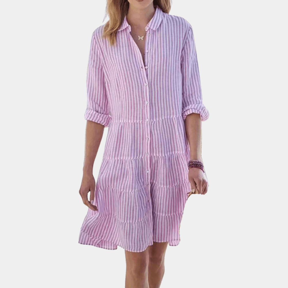 Women’s striped button-up tiered shirt dress