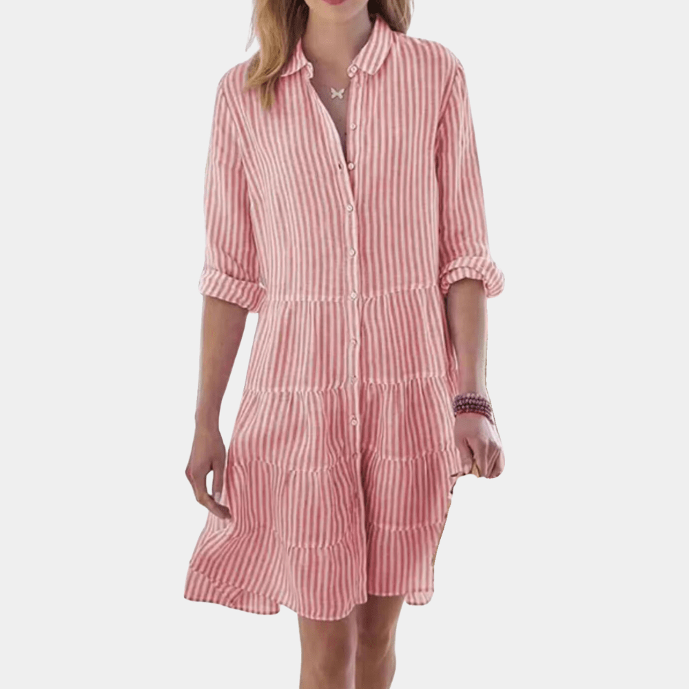 Women’s striped button-up tiered shirt dress