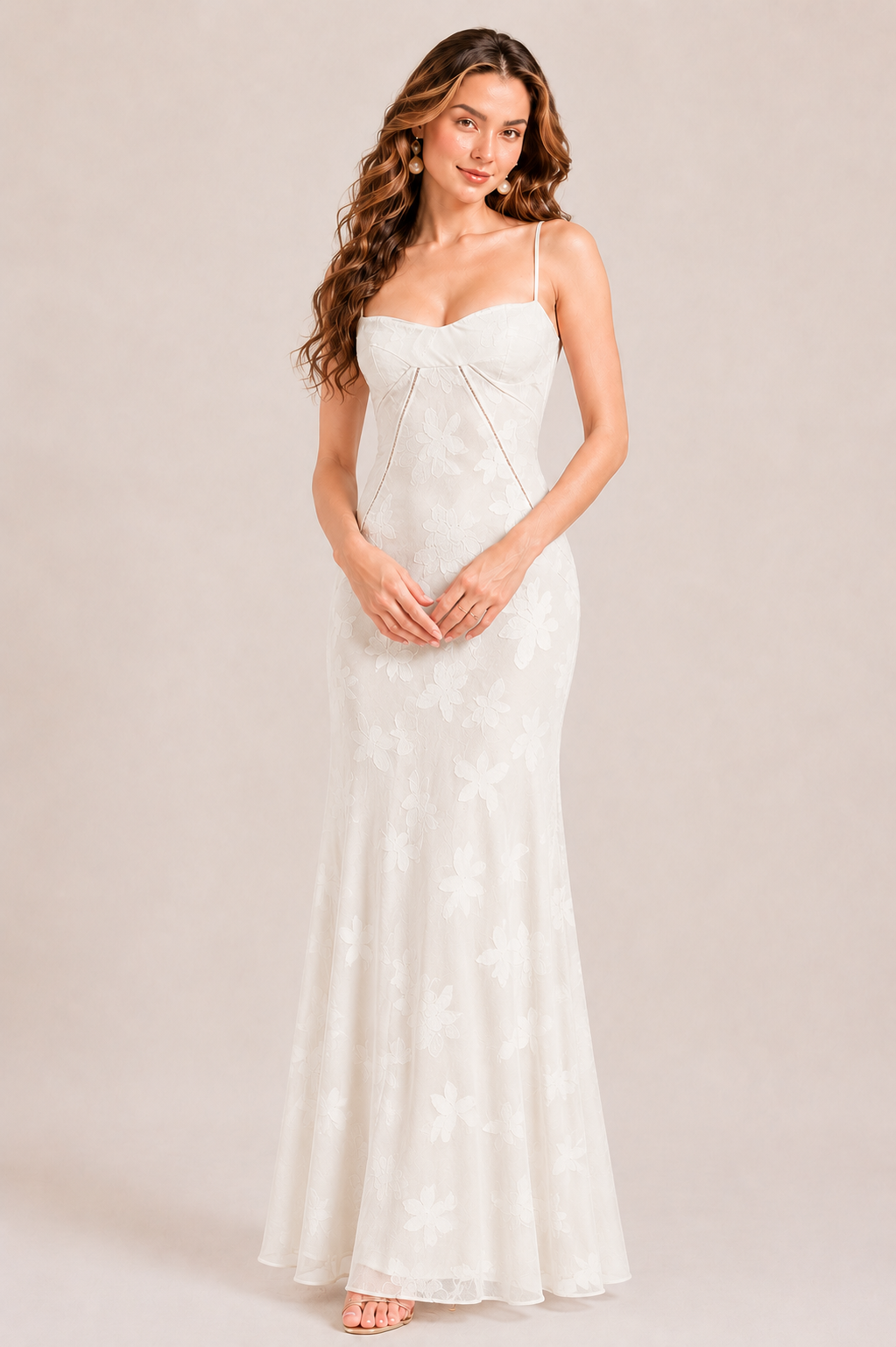 Woman wearing an elegant sweetheart neckline maxi dress with a fitted waist and flowing floor-length skirt, creating a timeless feminine silhouette ideal for weddings, parties, holidays, and special occasions.