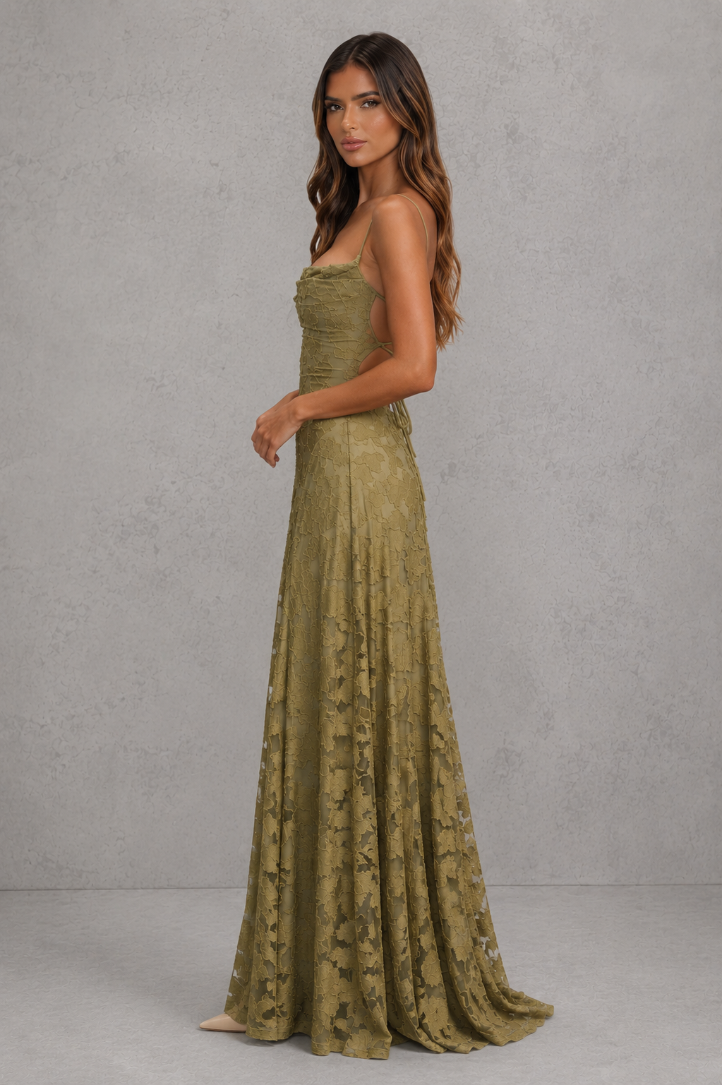 Women’s textured floral maxi dress with delicate shoulder straps, sculpted fitted bodice, defined waist, and flowing full-length skirt.