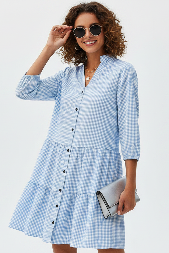 Women’s tiered check high neck cardigan dress in knit polyester blend with button front and flowy skirt