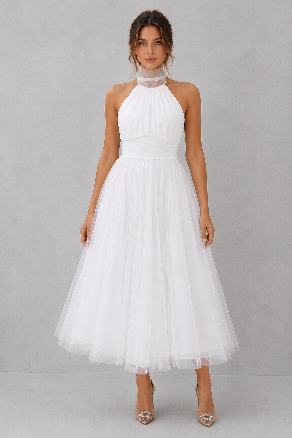 Women's elegant tulle midi dress featuring a fitted bodice, soft tulle overlay, and flowing skirt, perfect for weddings, evening events, parties, and special occasions.