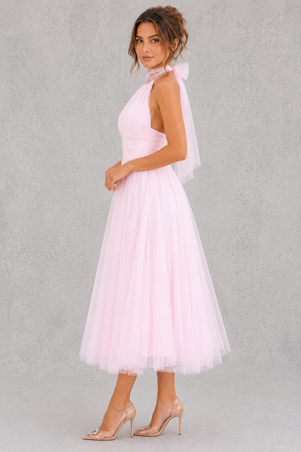 Women's elegant tulle midi dress featuring a fitted bodice, soft tulle overlay, and flowing skirt, perfect for weddings, evening events, parties, and special occasions.