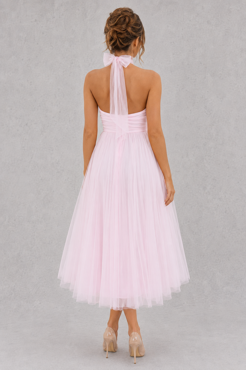 Women's elegant tulle midi dress featuring a fitted bodice, soft tulle overlay, and flowing skirt, perfect for weddings, evening events, parties, and special occasions.