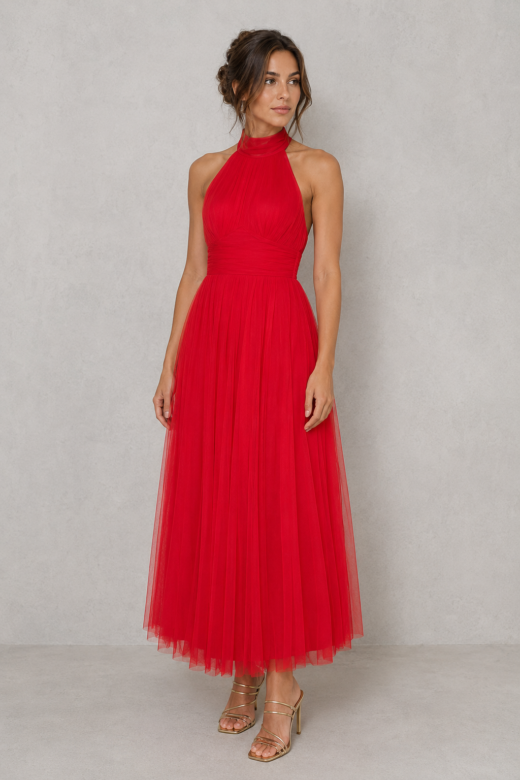Women's elegant tulle midi dress featuring a fitted bodice, soft tulle overlay, and flowing skirt, perfect for weddings, evening events, parties, and special occasions.