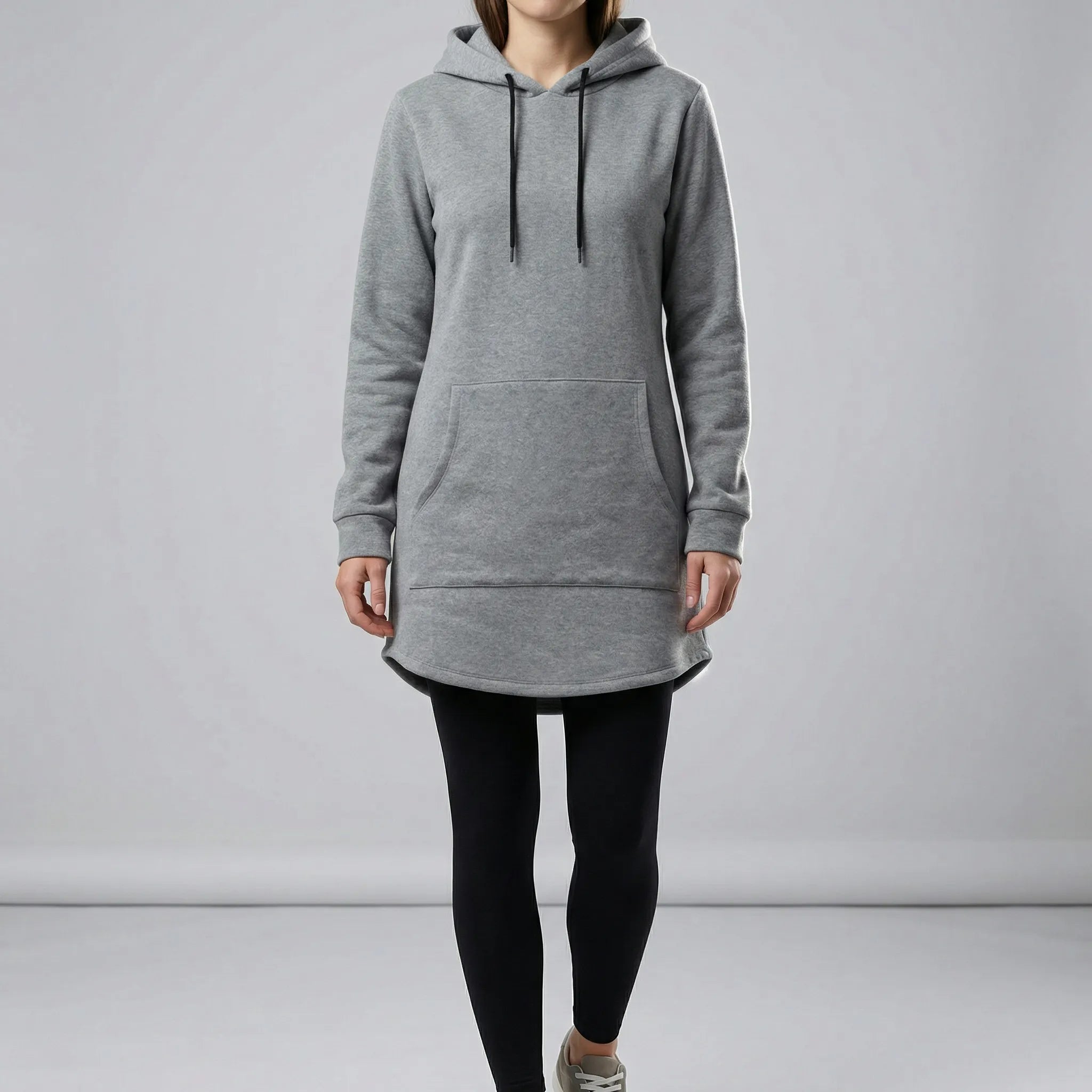 Women’s loose tunic hoodie dress with kangaroo pocket and long sleeves