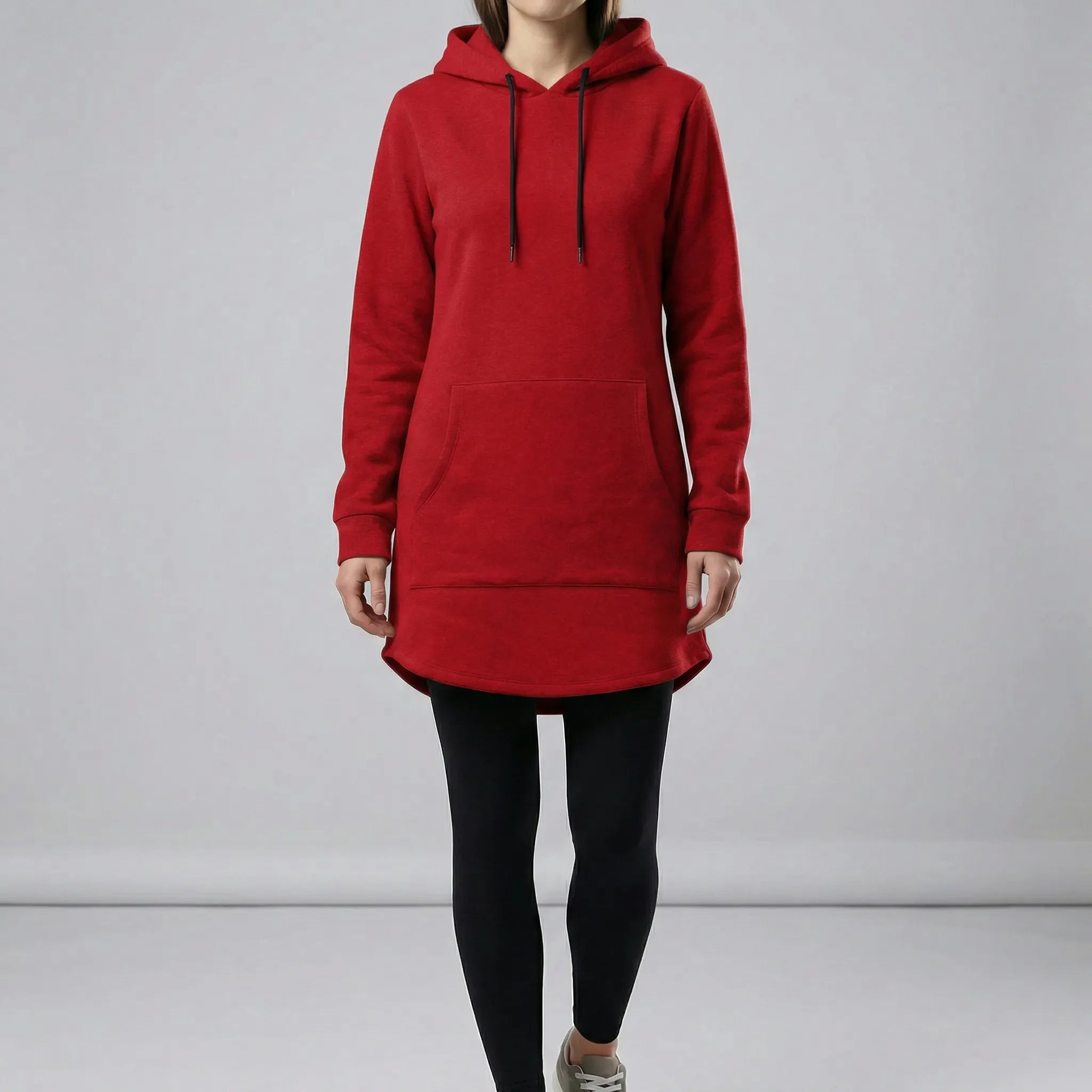 Women’s loose tunic hoodie dress with kangaroo pocket and long sleeves