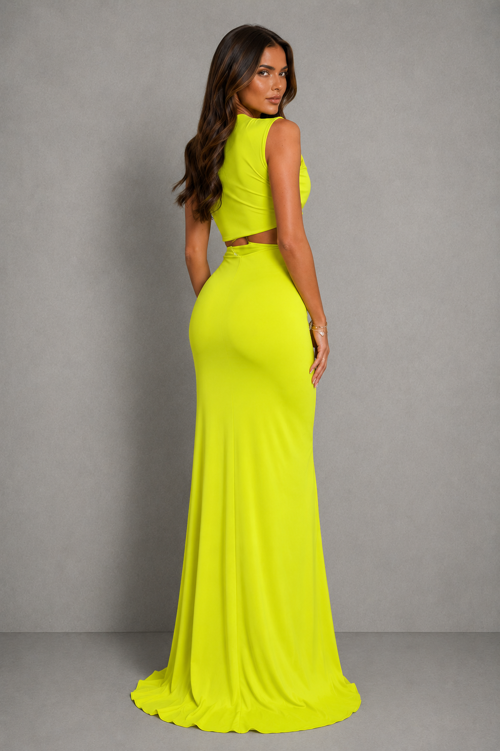 Women’s twist waist maxi dress with deep V-neckline, adjustable waist cut-out, fitted silhouette, and elegant high side split.