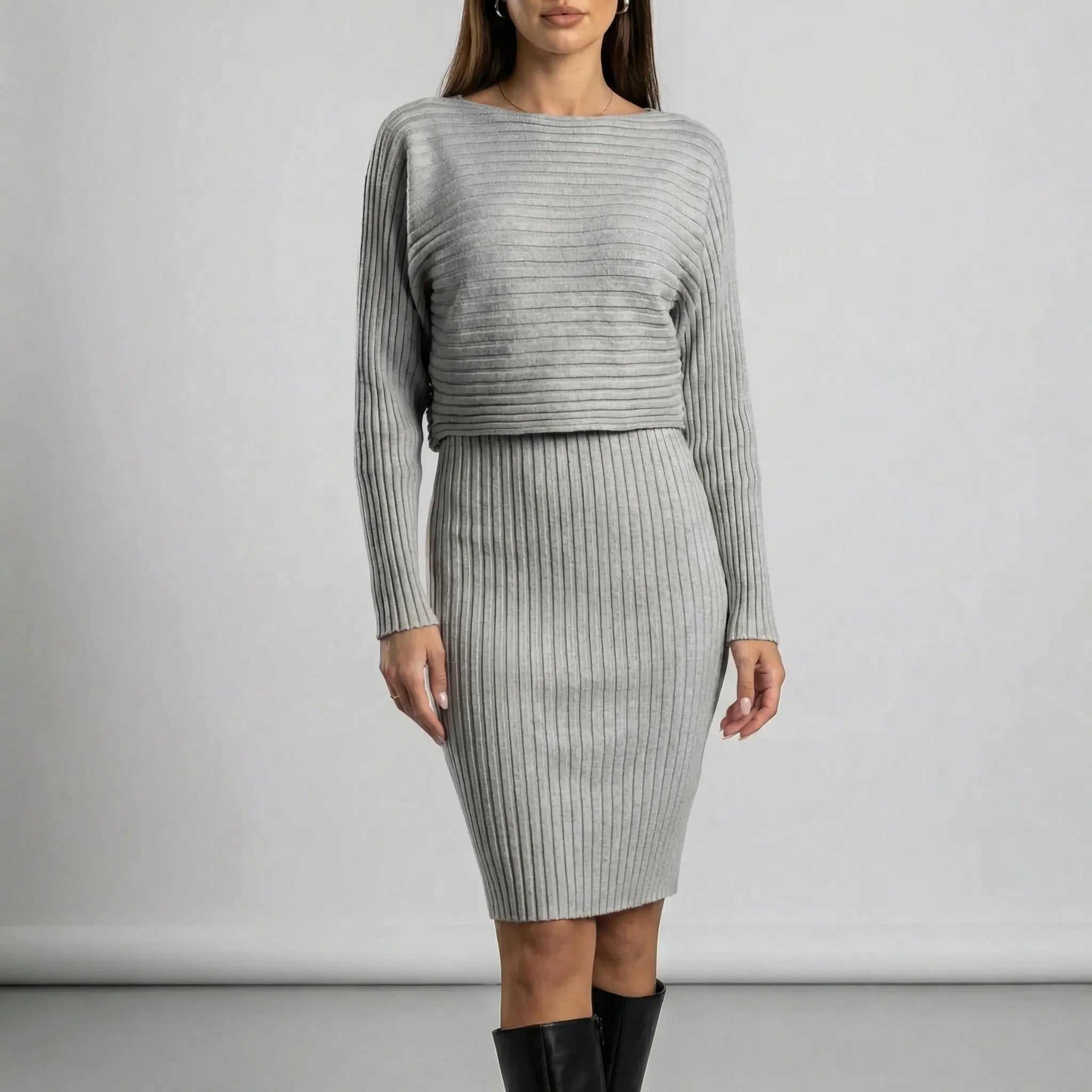 Women’s two-piece ribbed knit set with sleeveless dress and cropped sweater