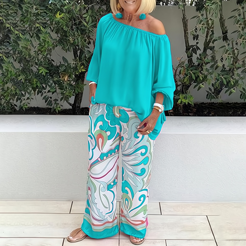 Women's two piece set with wide leg pants and matching top, relaxed elegant casual outfit