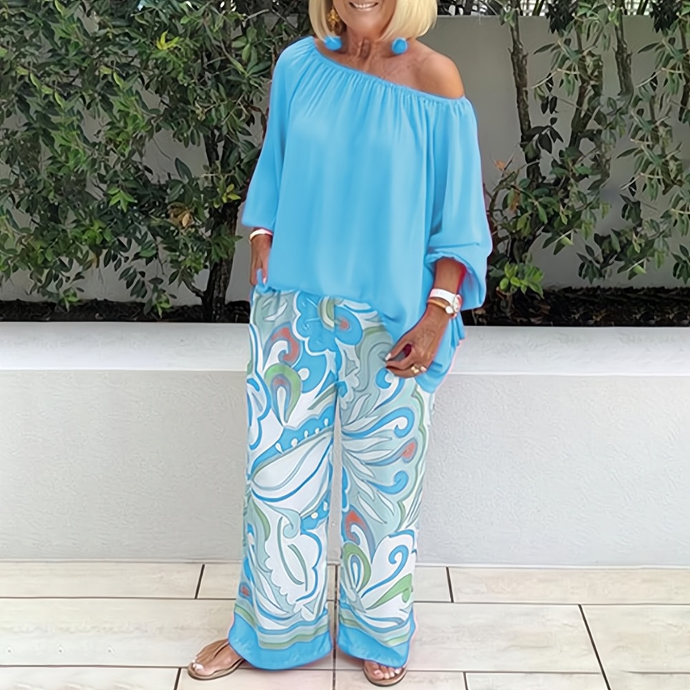 Women's two piece set with wide leg pants and matching top, relaxed elegant casual outfit