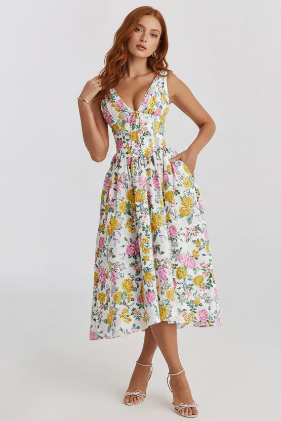 Women’s V neck corset midi dress with flared skirt