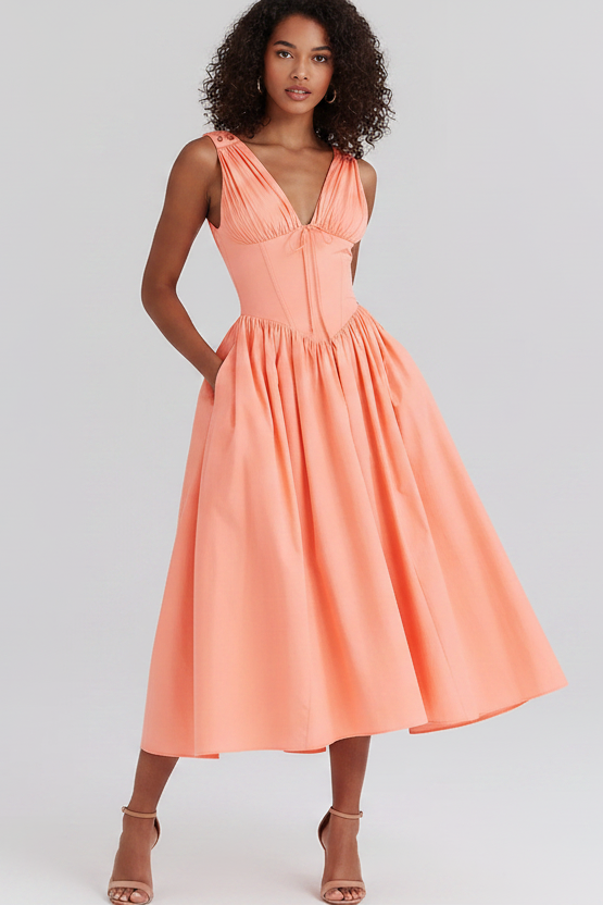 Women’s V neck corset midi dress with flared skirt