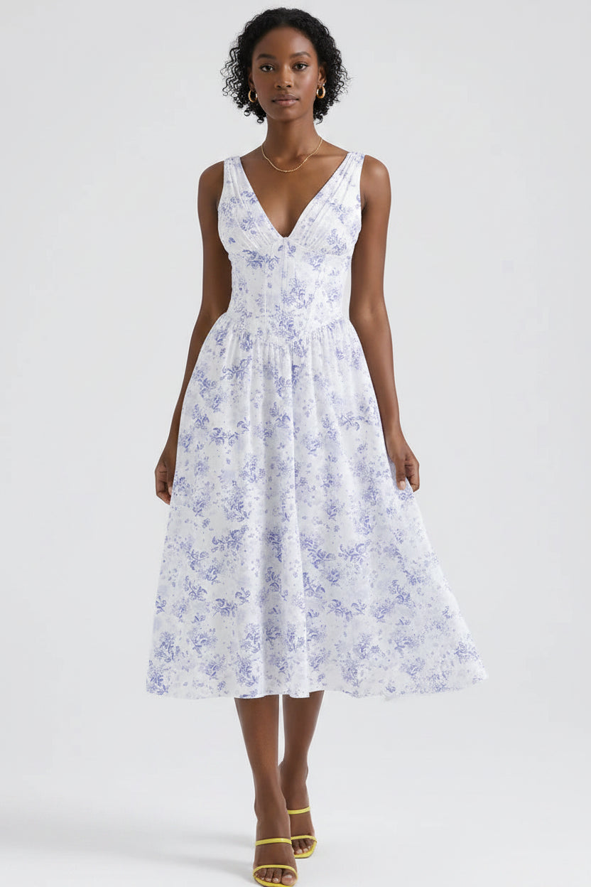 Women’s V neck corset midi dress with flared skirt