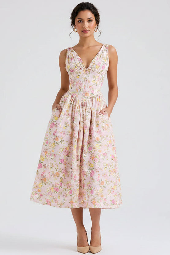 Women’s V neck corset midi dress with flared skirt