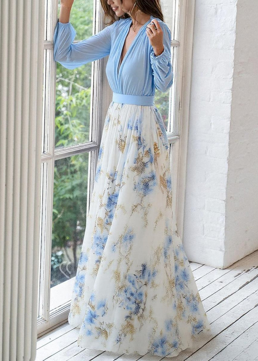 Women's long-sleeve floral maxi dress with deep V-neck