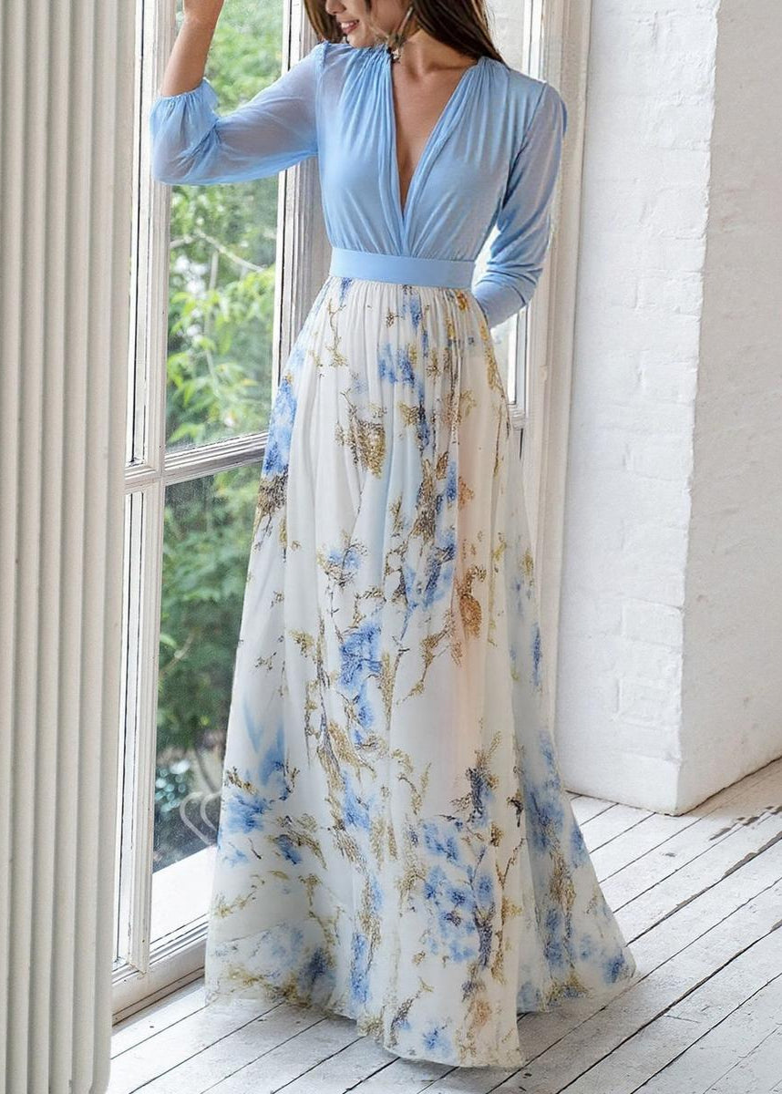 Women's long-sleeve floral maxi dress with deep V-neck