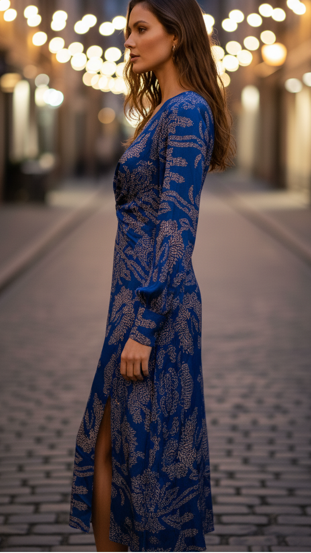 Women's V-neck midi dress with flowing silhouette