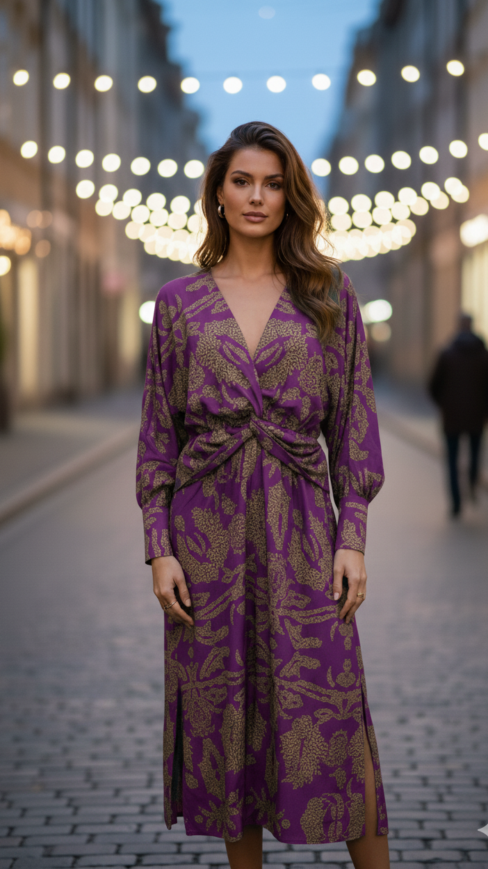 Women's V-neck midi dress with flowing silhouette