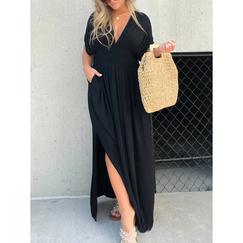 Women’s V-neck slit maxi dress with flowy silhouette and defined waist for casual and evening wear