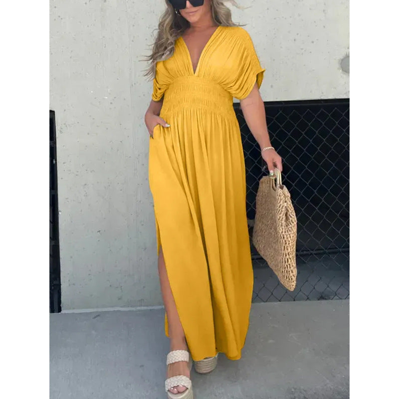 Women’s V-neck slit maxi dress with flowy silhouette and defined waist for casual and evening wear