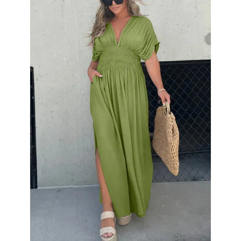 Women’s V-neck slit maxi dress with flowy silhouette and defined waist for casual and evening wear