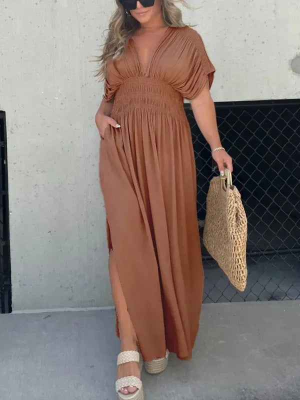 Women’s V-neck slit maxi dress with flowy silhouette and defined waist for casual and evening wear