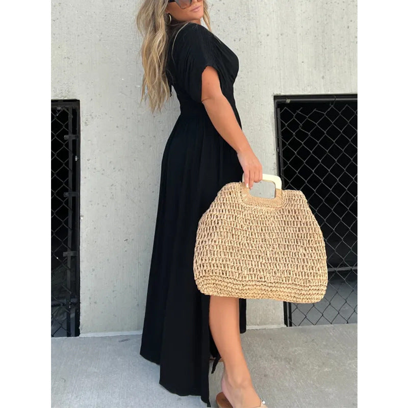 Women’s V-neck slit maxi dress with flowy silhouette and defined waist for casual and evening wear