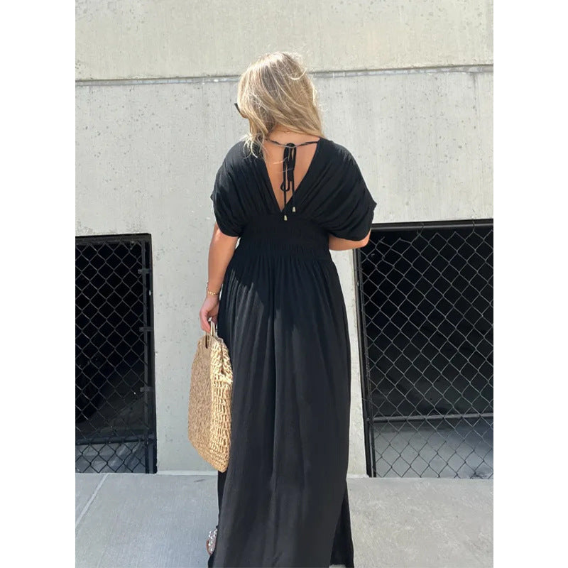 Women’s V-neck slit maxi dress with flowy silhouette and defined waist for casual and evening wear