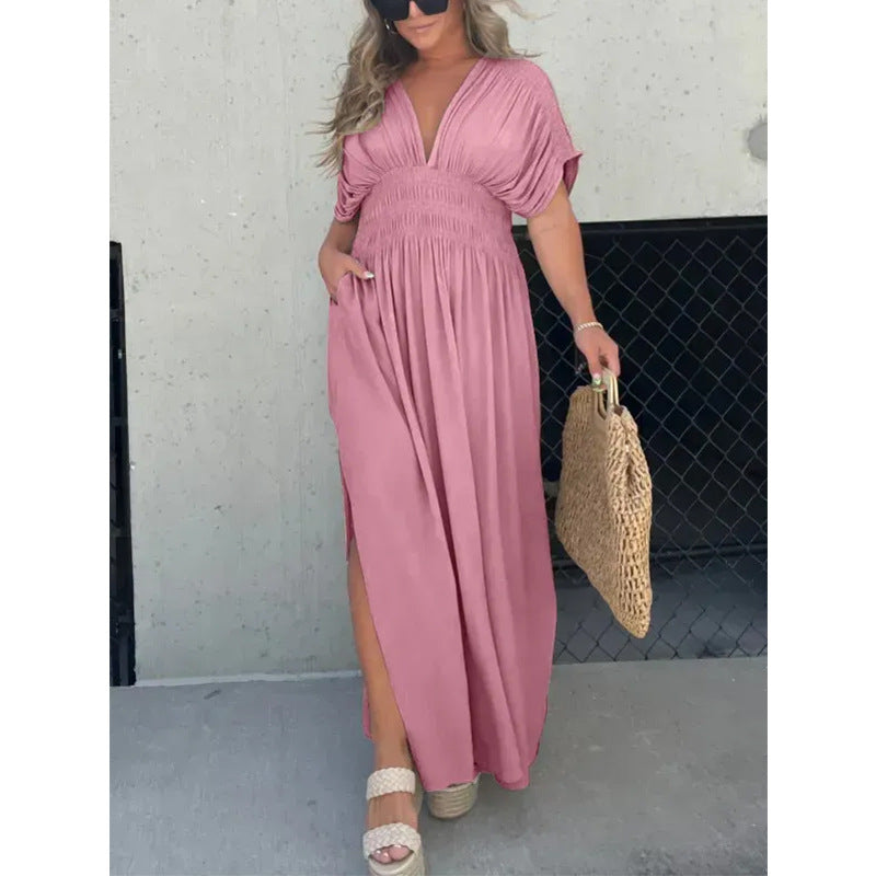 Women’s V-neck slit maxi dress with flowy silhouette and defined waist for casual and evening wear