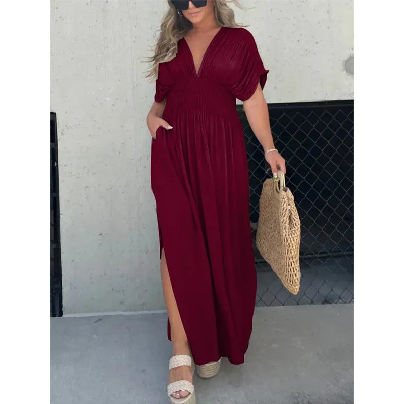 Women’s V-neck slit maxi dress with flowy silhouette and defined waist for casual and evening wear