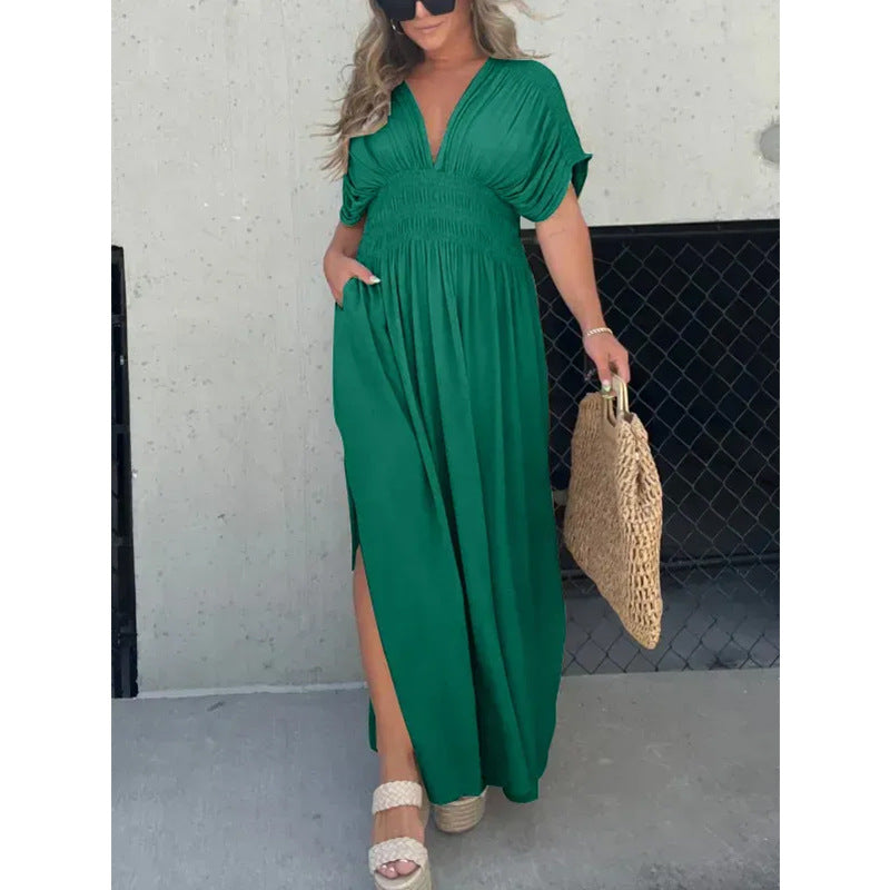 Women’s V-neck slit maxi dress with flowy silhouette and defined waist for casual and evening wear