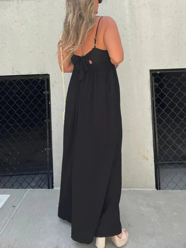 Women's V-neck wide leg jumpsuit in soft breathable fabric with relaxed fit for comfortable everyday and occasion wear