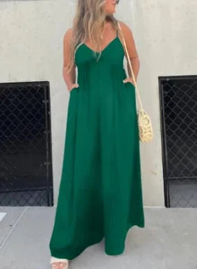 Women's V-neck wide leg jumpsuit in soft breathable fabric with relaxed fit for comfortable everyday and occasion wear