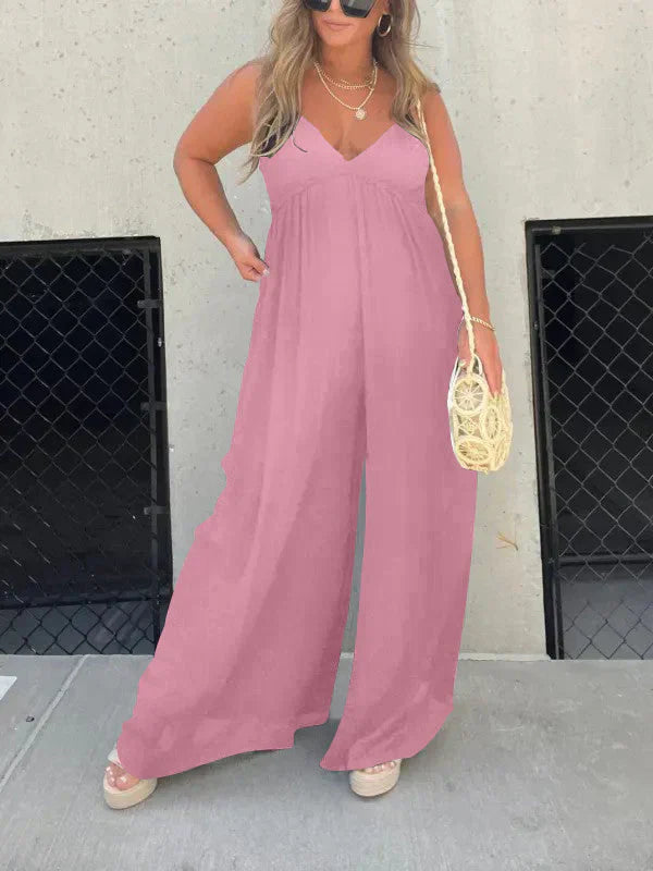Women's V-neck wide leg jumpsuit in soft breathable fabric with relaxed fit for comfortable everyday and occasion wear