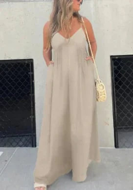 Women's V-neck wide leg jumpsuit in soft breathable fabric with relaxed fit for comfortable everyday and occasion wear