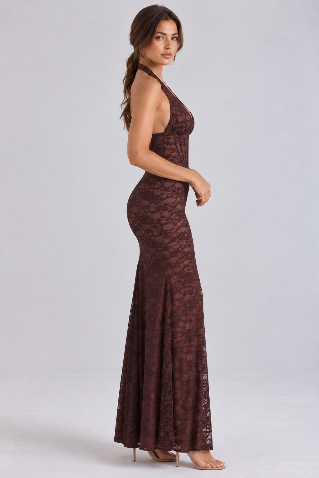 Floor-length brown lace dress with a curve-hugging fit for evening galas.