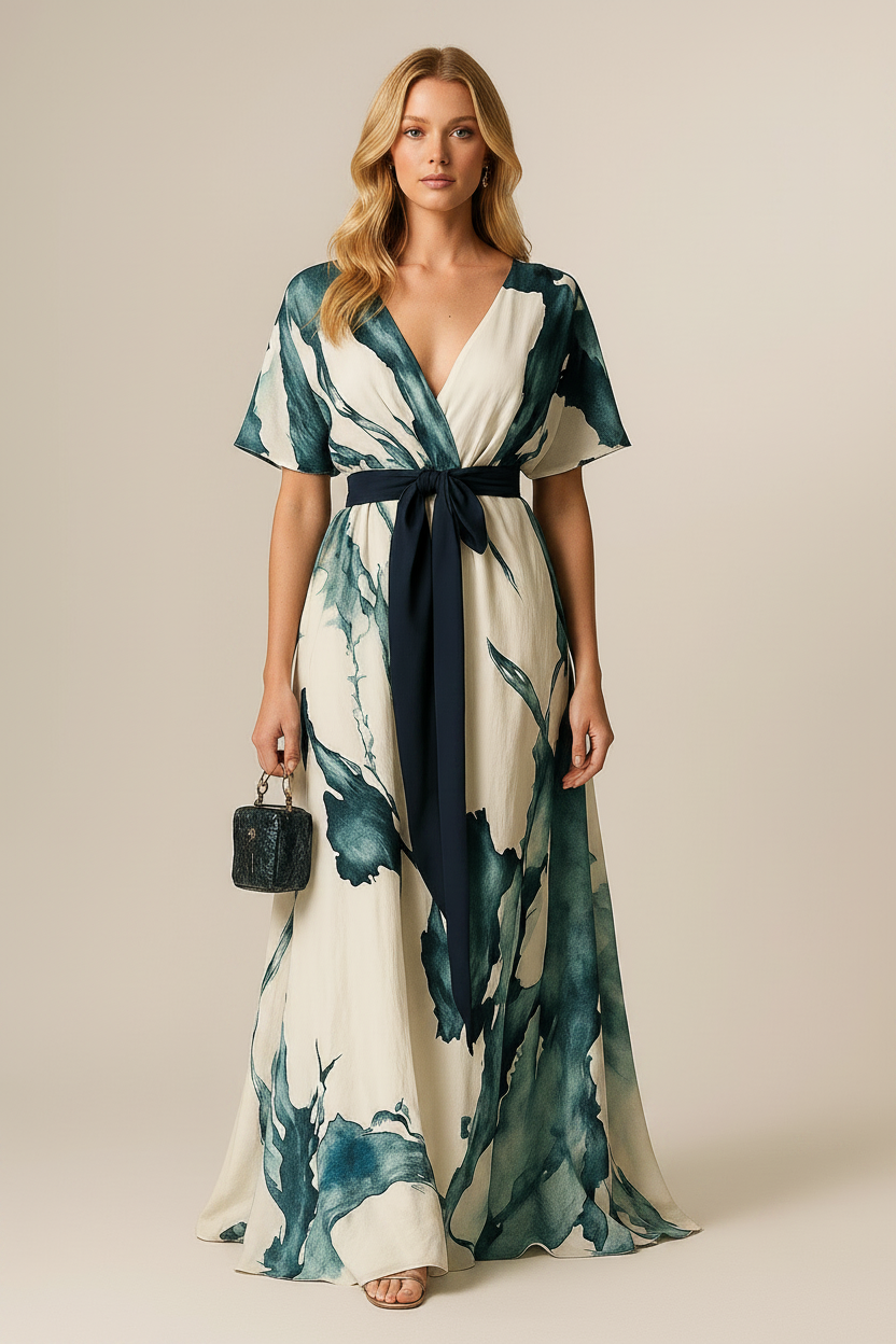 Women’s lightweight floral print maxi dress with a V-neckline, adjustable waist tie, and relaxed flowy silhouette for comfortable everyday and warm-weather wear.